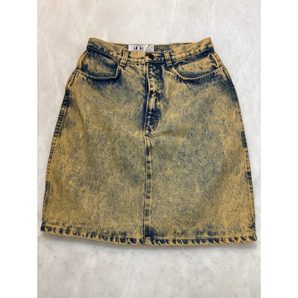 Vtg Acid Wash Denim Skirt Blue Yellow High Waisted A-Line Midi Skirt‎ Womens Med